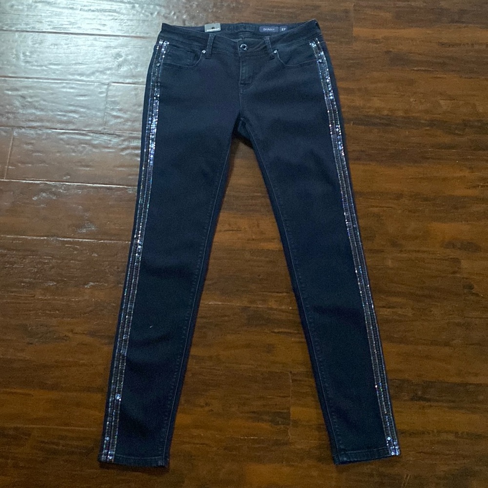 NWT Grace Skinny Sequin Sides Detail Blue Denim Jeans Women's Size 27